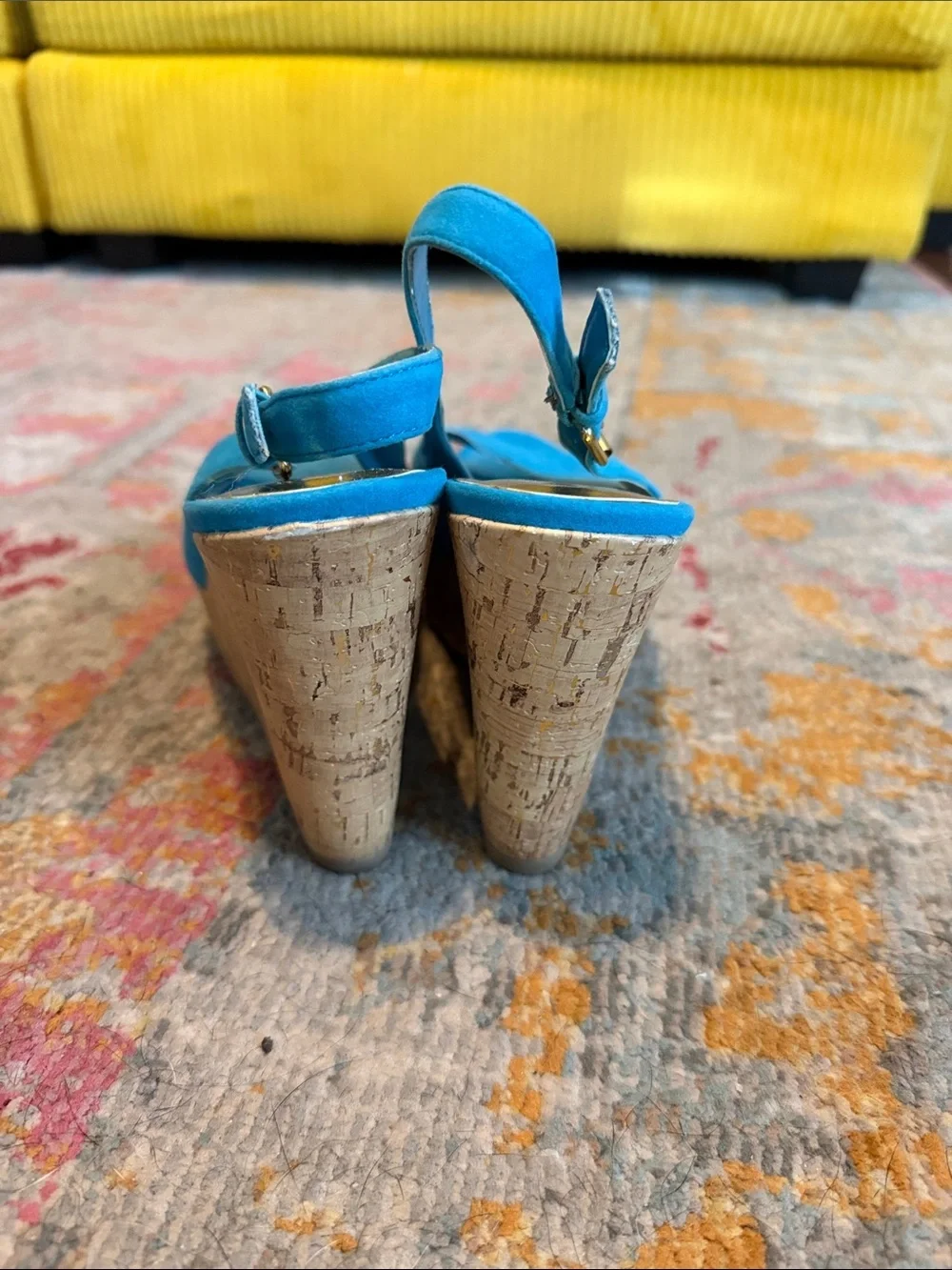 Turquoise Suede Cork Platform Wedge Slingbacks